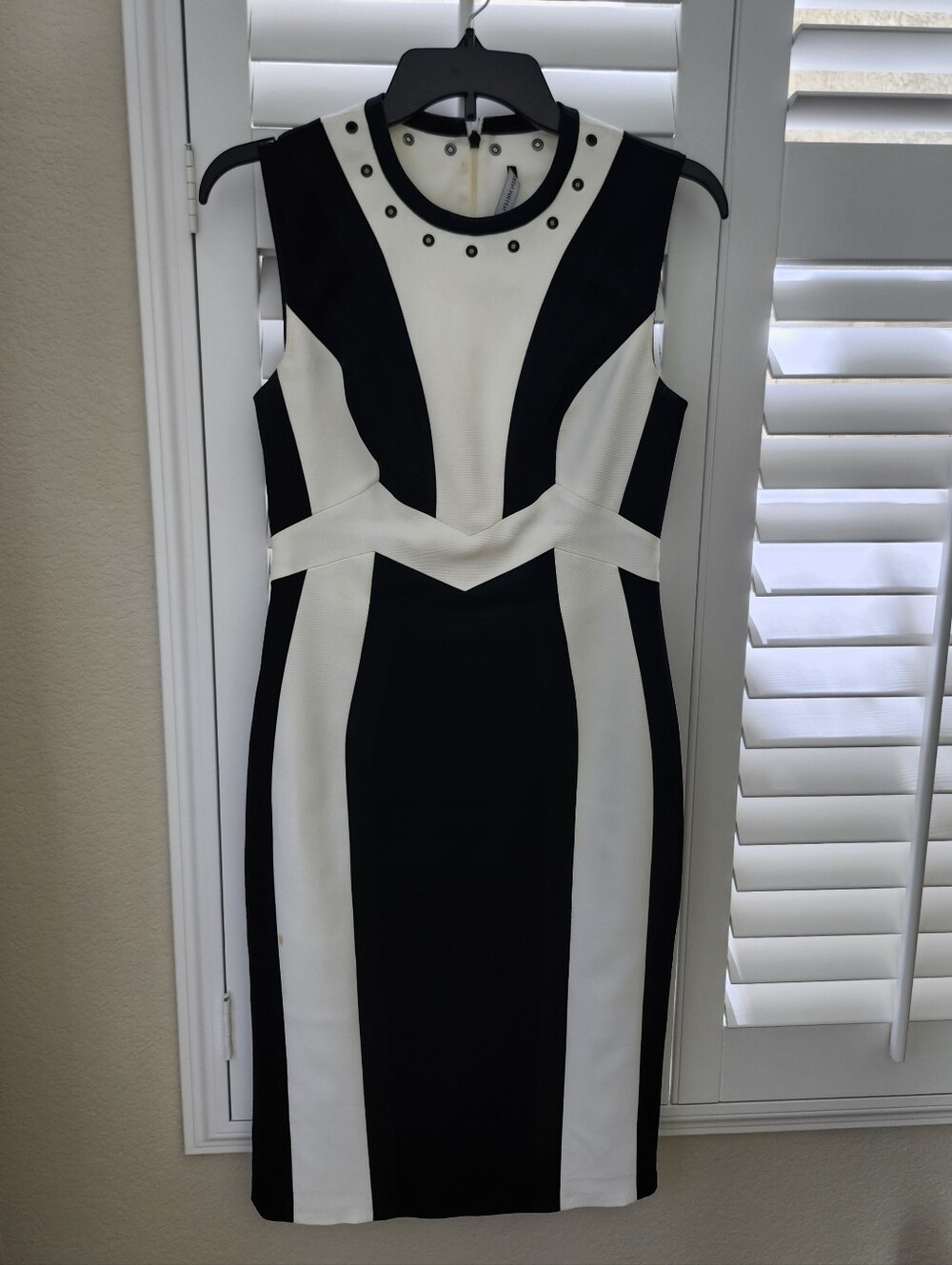 Karen Millen Black and White Paneled Sheath Dress with Stud Accents